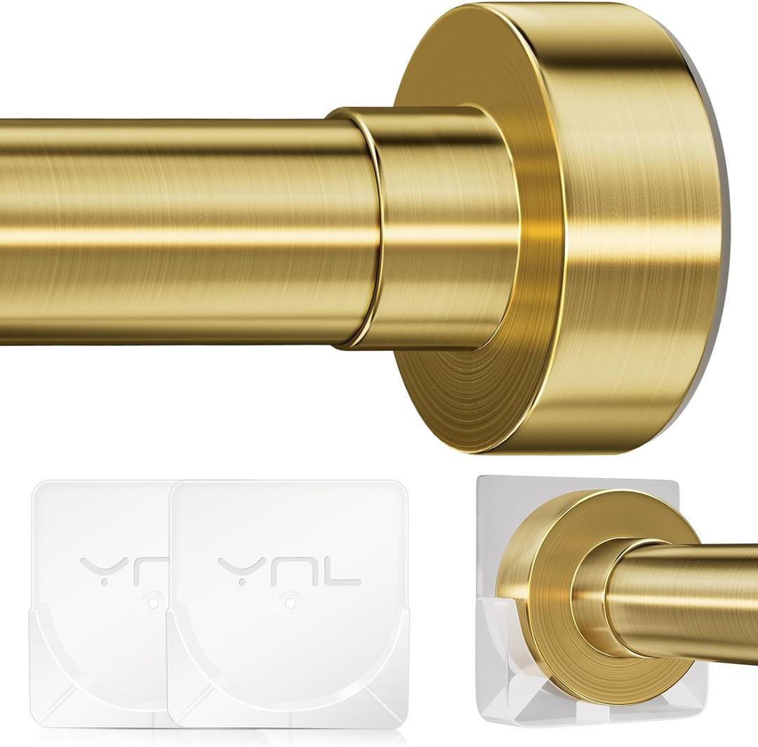 YNL Tension Shower Curtain Rod 34 to 120 In(2.83-10Ft), Long Tension Curtain Rod with 2Pcs Holders, No Drilling for Large Window, Bathroom, Patio, Adjustable Outdoor Curtain Rod, Brushed Gold