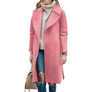 BZB Women's Trench Coat Long Wool Blend Pea Coat Winter Casual Overcoat Notched Lapel Collar Belted Long Jacket Outerwear (Pink) L