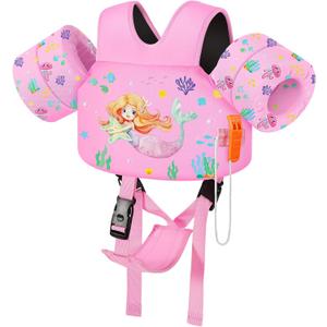 MoKo Toddler Swim Vest for Kids, Swim Arm Floaties Cartoon Swimming Water Wings with Crotch Strap, Pool Float Vests Sleeves Shoulder Straps Arm Band for Children (Pink Mermaid)