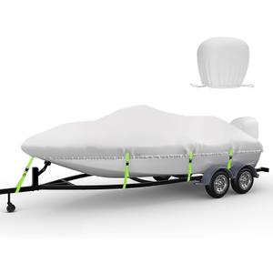 Waterproof Bass Boat Cover 23-25 ft with Motor Cover, 1200D Heavy Duty Bass Boat Covers 23-25 ft, PU Marine Grade Polyester, Fits Bass, V-Hull, Runabout, Jon, Fishing, Ski, Beam Width 124 inch (Gray-Green)