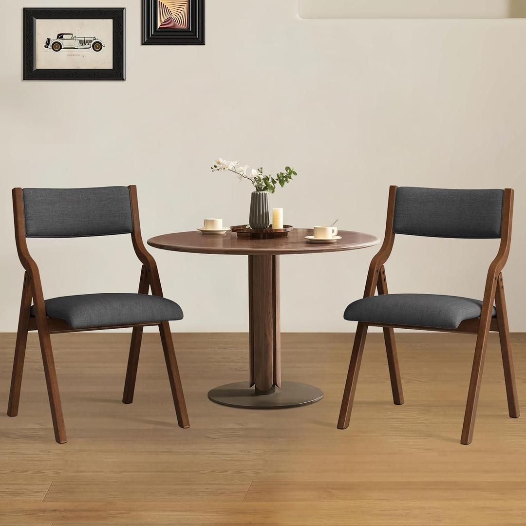 Folding Dining Chairs Set of 2, Upholstered Kitchen Chair with Padded Seat & Backrest, Modern Sidechair with Wood Legs,No Assembly Needed,Dark Grey+Walnut