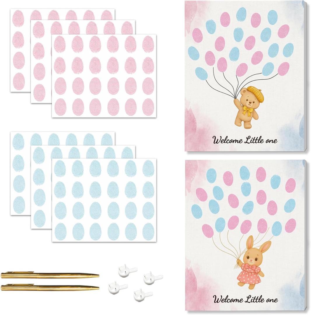 2PCS Fingerprint Guestbook with Bear and Bunny Baby Shower Guest Book Party Ideas Gender Reveal Fingerprint Guest Book with 2 Pens and 6 Stickers Gender Reveal Party Decorations