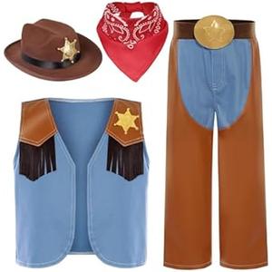 Gorkonpy Cowboy Costume for Boys Kids Toddler Cowboy Outfit with Cowboy Hat Halloween Party Dress Up Large