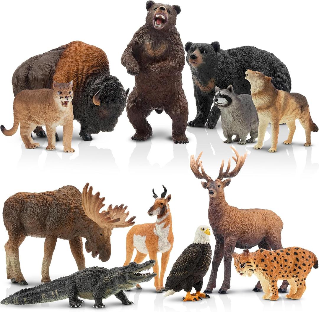 Toymany 12PCS North American Forest Animal Figurines, Realistic Jungle Animal Set Includes Moose,Cougar,Wolf,Bear,Eagle,Deer Educational Toy Cake Toppers Christmas Birthday Gift for Toddlers Kids 3-5