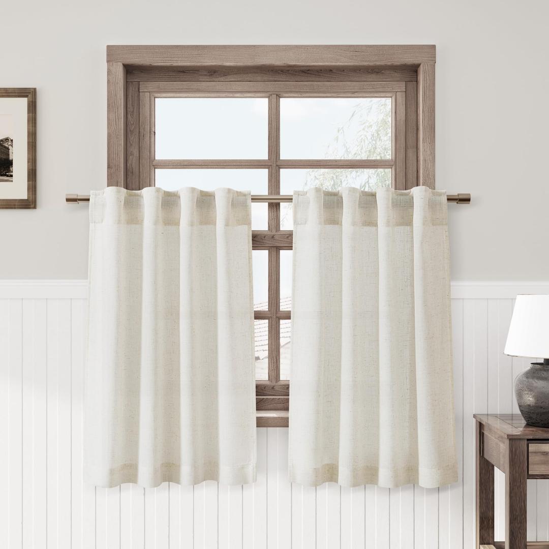Nanspring Linen Cafe Curtains 30 Inch Length Light Filtering Semi Sheer Mini Curtains for Small Window Basement Bathroom Natural Back Tab Rod Pocket Pleated Short Sheer Kitchen Curtain 30x30 Cream