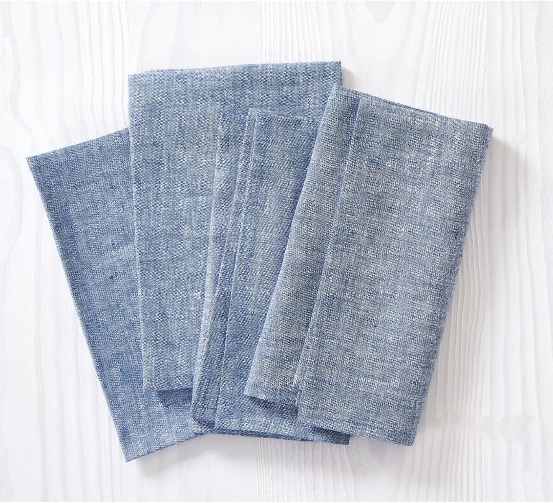 Solino Home Linen Cloth Napkins Set of 4-100% Pure Linen Chambray Indigo Dinner Napkins 20 x 20 Inch for Summer - Athena, Handcrafted and Machine Washable