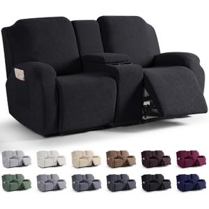 KinCam Loveseat Recliner Covers with Middle Console Slipcover, Recliner Sofa Covers 2 Seat Couch Cover Stripe Jacquard Furniture Protector Covers with Elastic Bottom for Kids, Pets (Black)