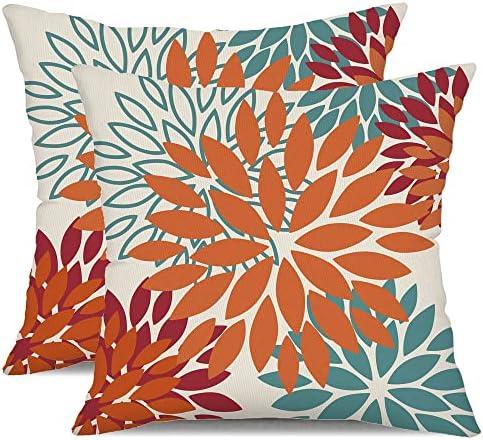 DFXSZ Orange Teal Red Flower Pillow Covers 18x18 Inch Set of 2 Fall Throw Pillows Outdoor Waterproof Decor for Living Room Sofa Patio Funiture Garden Floral Polyester Pillow Covers 002Y18