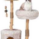 Cat Tree Tower with Two Real Branches, 44 INCH Wood Modern Cat Tower with Luxury Cat Condo, Cat Scratching Post, Jumping Platforms, Cat Furniture (Long Plush)