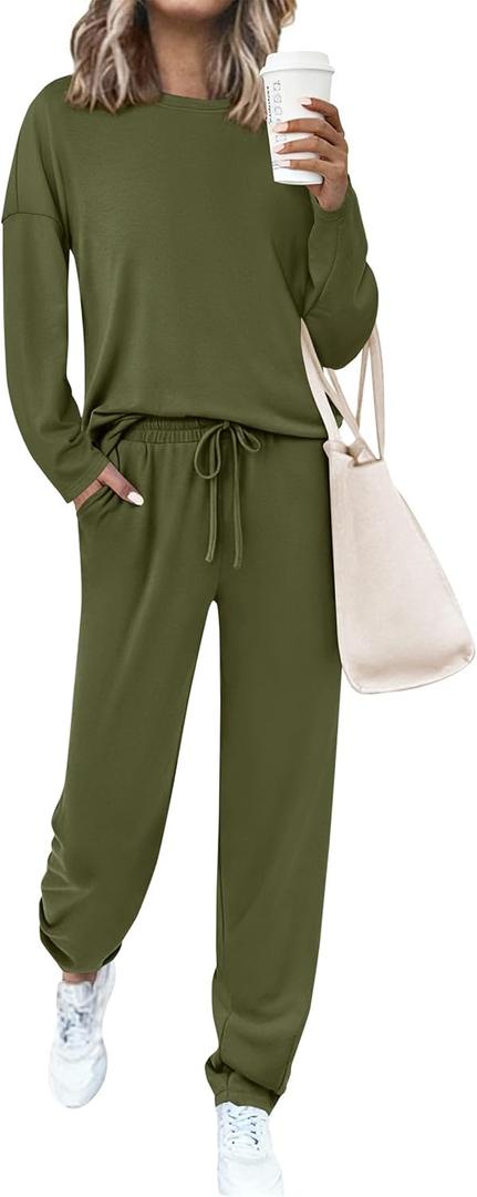 PRETTYGARDEN Womens 2 Piece Matching Lounge Sets 2025 Fall Long Sleeve Boatneck Sweatsuit Drawstring Sweatpants Pockets (Medium, Army Green)