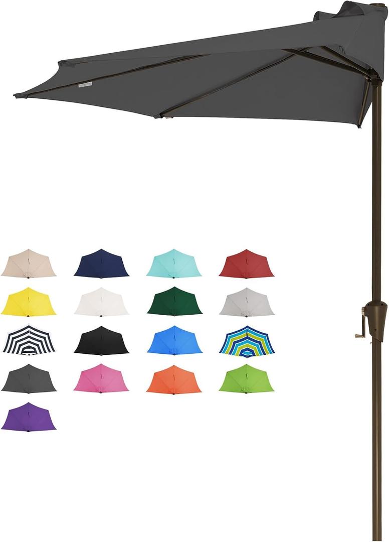JEAREY 9ft Half Umbrella Outdoor Patio Umbrella Market Umbrellas with Crank, 1/2 Round Wall Umbrella 5 Sturdy Ribs UV Protection for Pool Garden Balcony Deck, Gray