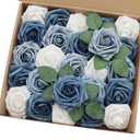 J-Rijzen Artificial Flowers 25PCS Real Looking White & Dusty Blue Shades Fake Roses with Stem for DIY Wedding Bouquets Centerpieces Baby Shower Party Home Decorations