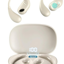 Open Ear Headphones, Over Ear Earbuds Bluetooth 5.3 with LED Digital Display, 34H Play Time, IP54 Waterproof, Lightweight Design Running Headphones for Sports and Fitness (Beige)