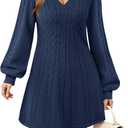 VAFOLY Womens V Neck Long Sleeve Cable Knit Fall Dresses Elegant Babydoll Sweater Dress (X-Large, Dark Blue)