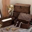 Woanger Set of 4 Wicker Storage Baskets OrganizerHandwoven Storage Bins with Lid for Organizing, Home Utility Box for Home Office Supplies Multipurpose Container(Coffee)