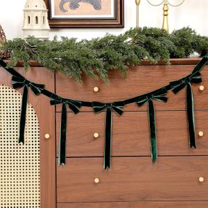 Giegxin 2 Pcs 13.2ft Christmas Velvet Bow Garland Ribbon Bow Garland Banner Bows Velvet Christmas Ornaments Reusable Vintage Bows Decoration for Xmas Tree Fireplace Staircase (Deepgreen)