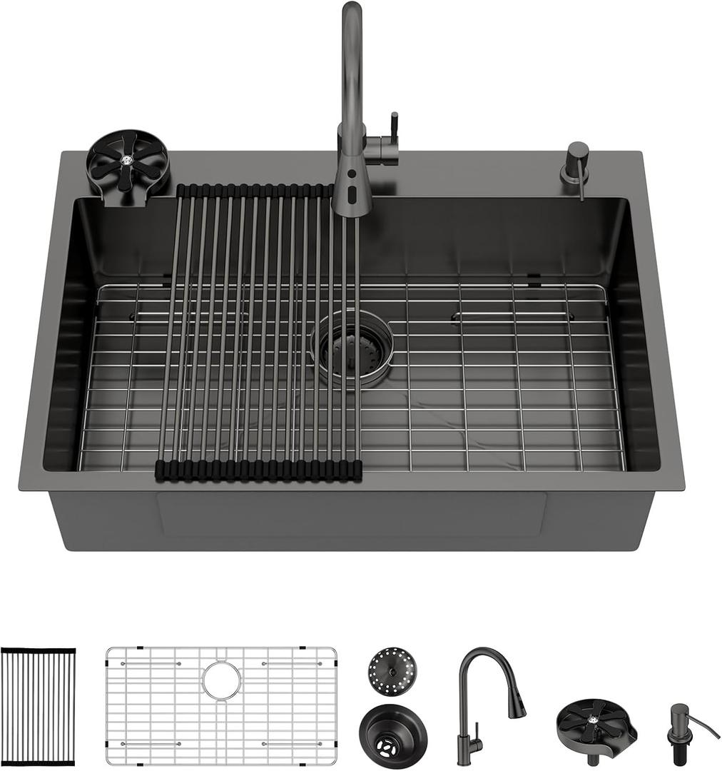 33x22 Black Drop In Kitchen Sink with Faucet Combo16 Gauge Stainless Steel Single Bowl Kitchen Sink Large Deep Round Corner Handmade Topmount Overmount Basin Kitchen Sinks