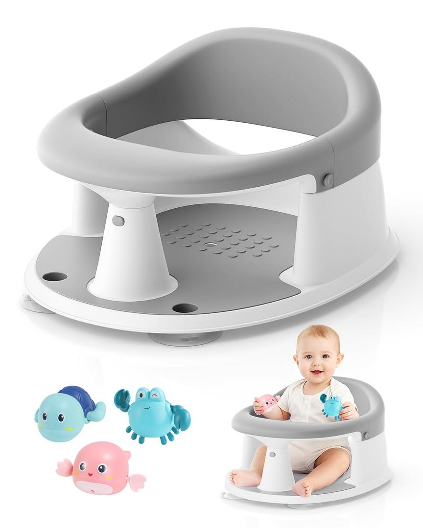 Baby Bath Seat for Babies 6 Months & Up, Bath Seats for Babies Sitting Up, 3 Baby Bath Toys, Open Design, Non-Slip, Compact Toddler Bath Seat. (Grey)