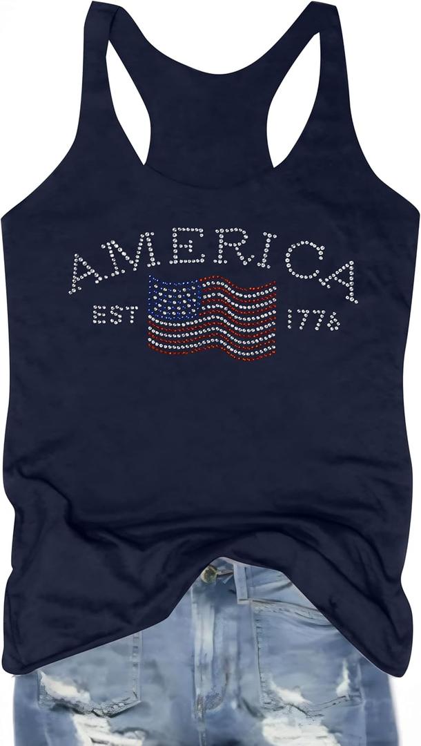 ASTANFY American Flag Tank Top Women Sparkle 4th of July Sleeveless Top Summer Patriotic Shirt Sparkle Graphic Tees (X-Large, Blue)