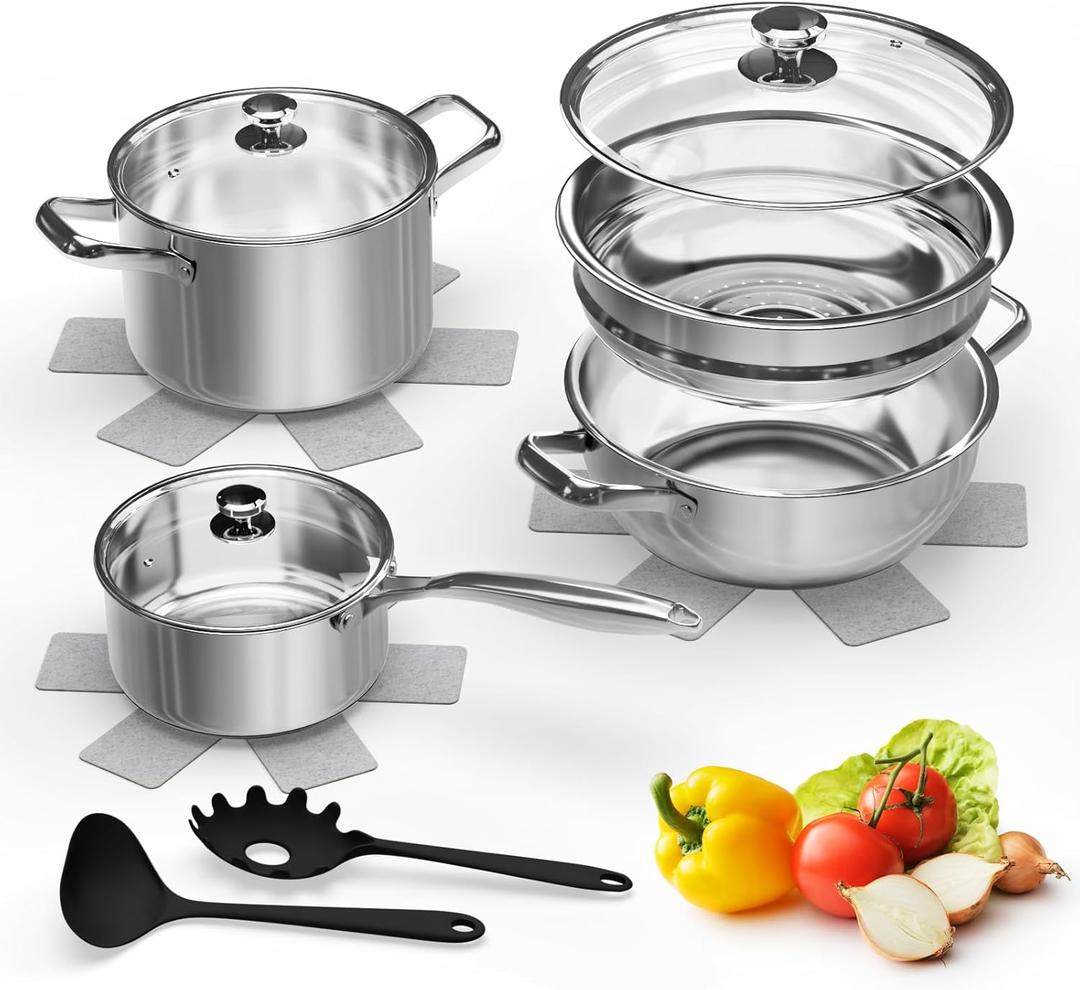 Stainless Steel Cookware Set,12-Piece Pots and Pans Set Non Toxic,Kitchen Cookware Set,Glass Lids,With 3 pot holders and 2 spoons,Oven & Dishwasher Safe