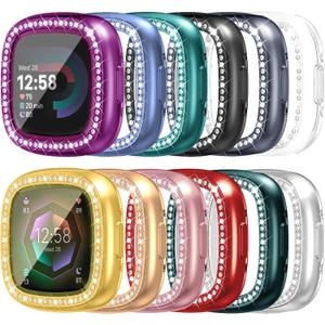 [12Pack] RICHONE Compatible with Fitbit Versa 4/Sense 2 Case with Screen Protector, Sparkly Rhinestones Soft TPU Full Protective Case Bling Crystal Diamond Watch Cover Frame Bumper, for Women Men