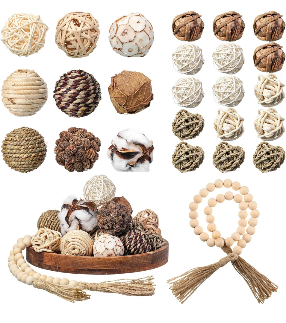 25 Pcs 3.15 and 1.97 Inch Decorative Balls, 20.9 Inch Garland Wood Beads Rattan Wicker Balls with Spheres Orbs Filler for Garden Table Vase Bowl Filler Centerpiece(Wood,Wicker Rattan)