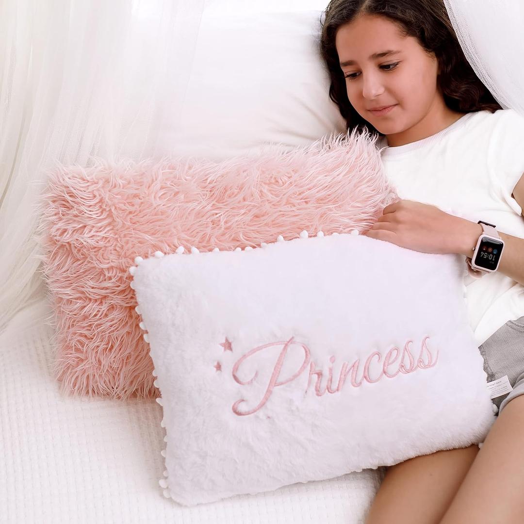 Perfectto Design Set of 2 Decorative Pillows for Toddler Kids Room. White Fluffy Princess Embroidered and Furry Pink Faux Fur Pillow. Soft and Plush Throw Pillows for Kids Bedroom Dcor