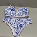 Floerns Women's Plus Size Bikini Set Floral Print V Neck High Waisted 2 Piece Beachwear Blue and White 3X Large Plus