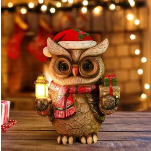 Solar Christmas Owl Decoration Resin Owl Outdoor Statue with LED Lantern for Porch Garden Patio Yard Home Decor Christmas Housewarming Gifts for Women Mom