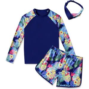 Girls Rash Guard 2-Piece Swimsuit Set - Long Sleeve Swimwear with UPF 50+ Sun Protection 4-14 Years (Purple)