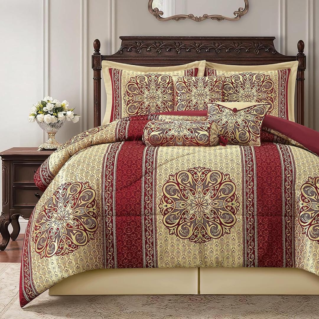 Queen Comforter Set, Wine Gold Medallion Jacquard Design, Luxurious Bohemian 7 Pieces Bedding Set with Decorative Pillows and Bed Skirt