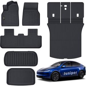 Floor Mats Custom for Tesla New Model Y Juniper 2025 2026 5-Seat Cargo Liner with Backrest Mat All Weather TPE Full Set with Front Trunk Mat Rear Cargo Liner for Juniper Automotive Accessories, Black