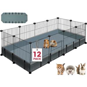 12 Panels Small Animal Playpen,Pet Playpen with Waterproof Mat,C&C Cage for Guinea Pigs,Puppy Play Pen,Bunny Playpen,Indoor Outdoor Portable Metal Wire Yard Fence