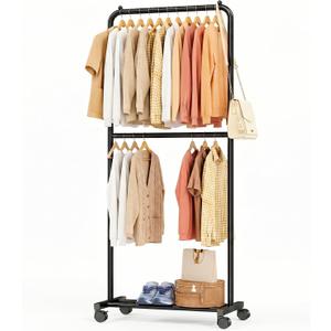 Standard Clothes Garment Rack, Portable Double Clothing Rack with Wheels and Bottom Shelf, Rolling Wardrobe Rack for Bedroom, Laundry Room, Black