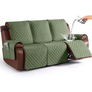 KinCam Waterproof Recliner Sofa Cover, Non-Slip Reclining Couch Covers for 3 Seat, Recliner Couch Cover Furniture Protector with Elastic Straps for Pets, Kids, Cactus Green