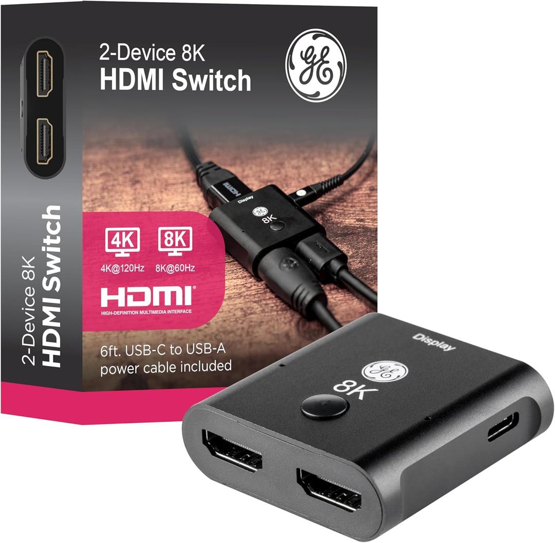GE 2-Device 8K HDMI Switch, HDMI 2.1, Supports 8K@60Hz & 4K@120Hz, Dolby Atmos, HDCP 2.2, LED Indicator, USB-C Powered, Premium Aluminum Housing, 81660