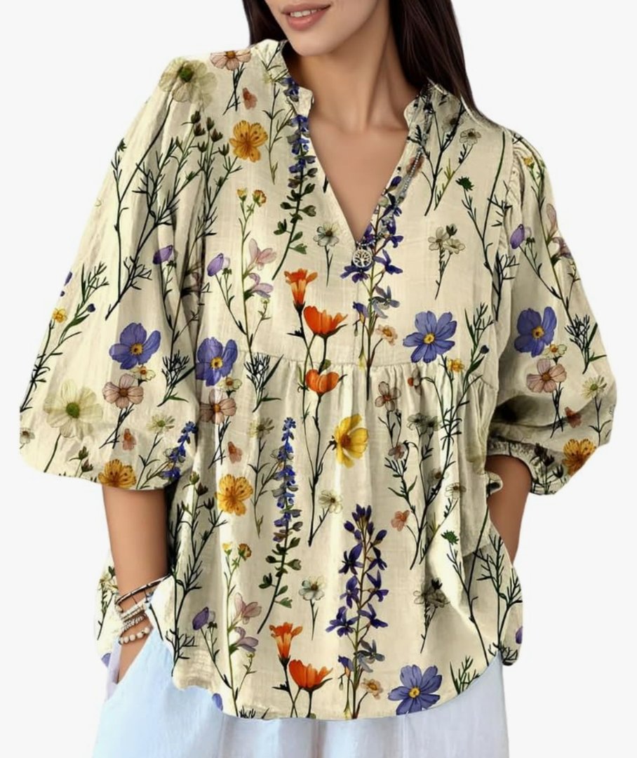 Women's Casual Boho Floral Print Puff Half Sleeve V Neck Shirt Spring Summer Loose Flowy Tunic Blouse Trendy Tops 2025 Size Large, Yellow