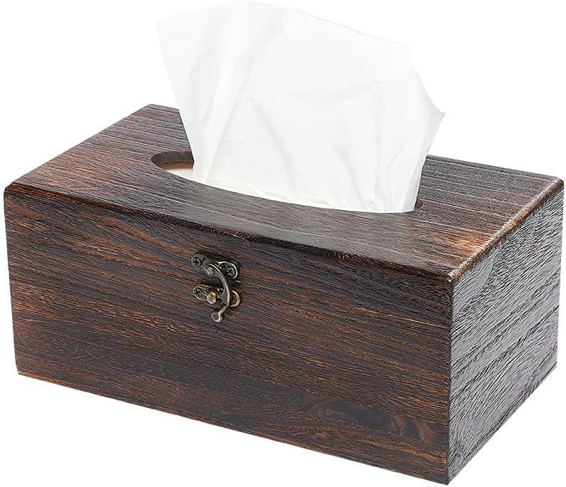 Rectangular Tissue Box Cover Decorative Wood Facial Tissue Holder with Hinged Lid Napkin Dispenser in Antique Style