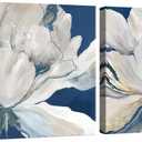 Goldfoilart Indigo Blue Flower Wall Art for Living Room White Floral Canvas Pictures Modern Paintings Framed Artwork Prints for Bedroom Dining Room Office Wall Decor 24"x24"x2pcs,  Indigo Blue