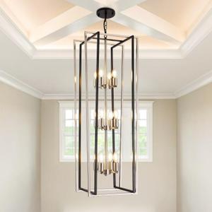 WJShome 12-Light Modern Chandelier, Large Chandeliers for High Ceilings, Farmhouse Foyer Lighting Fixtures, 3 Tier Lantern Pendant Light, Industrial Chandelier for Entryway Staircase, Black & Silver