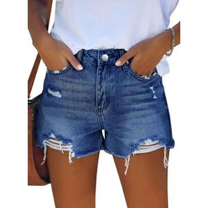 MINGALONDON Women's Denim Shorts Summer Mid Waist Ripped Raw Cut Hem Distressed Stretchy Jean Shorts (X-Large, B-navy)
