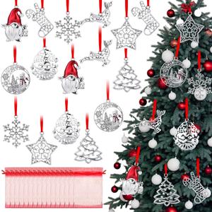 Soulchen 16 Pcs Christmas Ornament 2025 with Red Organza Bags Solid Pewter Christmas Tree Ornament Silver Metal Snowman Santa Snowflake Reindeer Hanging Craft for Xmas Trees Home Party Party
