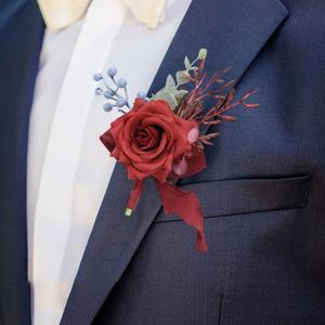 Wrist Corsage Boutonniere Rose Flower Royal Blue Ribbon for Wedding Bride Bridesmaid Groom Groomsmen Parents Lapel Flower for Prom Homecoming Father Daughter Dance (Red Boutonniere)