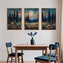 Large Nature Moon Wildflowers Framed Canvas Wall Art,Vintage Forest Flowers Wall Decor,Dark Mountain Night Painting,Wilderness Artwork for Living Room,Bedroom,Dining Room,Office -16"x24"x3