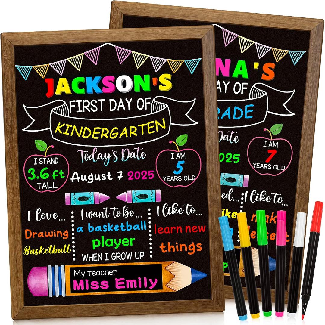 Double-Sided First Day and Last Day of School Board Sign with 6 Colorful Markers,14x12 Inch Reusable Chalkboard, First & Last Day Photo Prop for Kindergarten Preschool Elementary Kids
