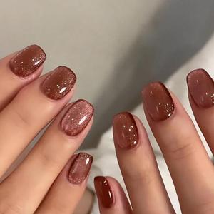 4 x Short Press on Nails Square Fake Nails with Cat Eye Designs Brown Nails Press ons Glossy Glue on Nails Fall Acrylic Nails Daily Wear Simple False Nails Artificial Stick on Nails for Women 24Pcs