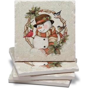 Thirstystone Winter Forest Snowman 4 Pack Tumbled Tile Stone Coasters with Protective Cork Backing 4" Square Manufactured in The USA
