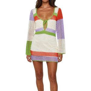 Women Crochet Knit Mini Dress Long Sleeve Colorful Mesh Cover Ups Casual Sweater Dress Summer Beach Wear (Small)
