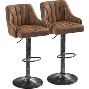 VECELO Bar Stools Set of 2, Adjustable Bar Stools Counter Height Barstools with Back and Arm, Swivel Bar Chair Stools for Kitchen Counter Island Cafe Dining Room, Industrial Style, Dark Brown