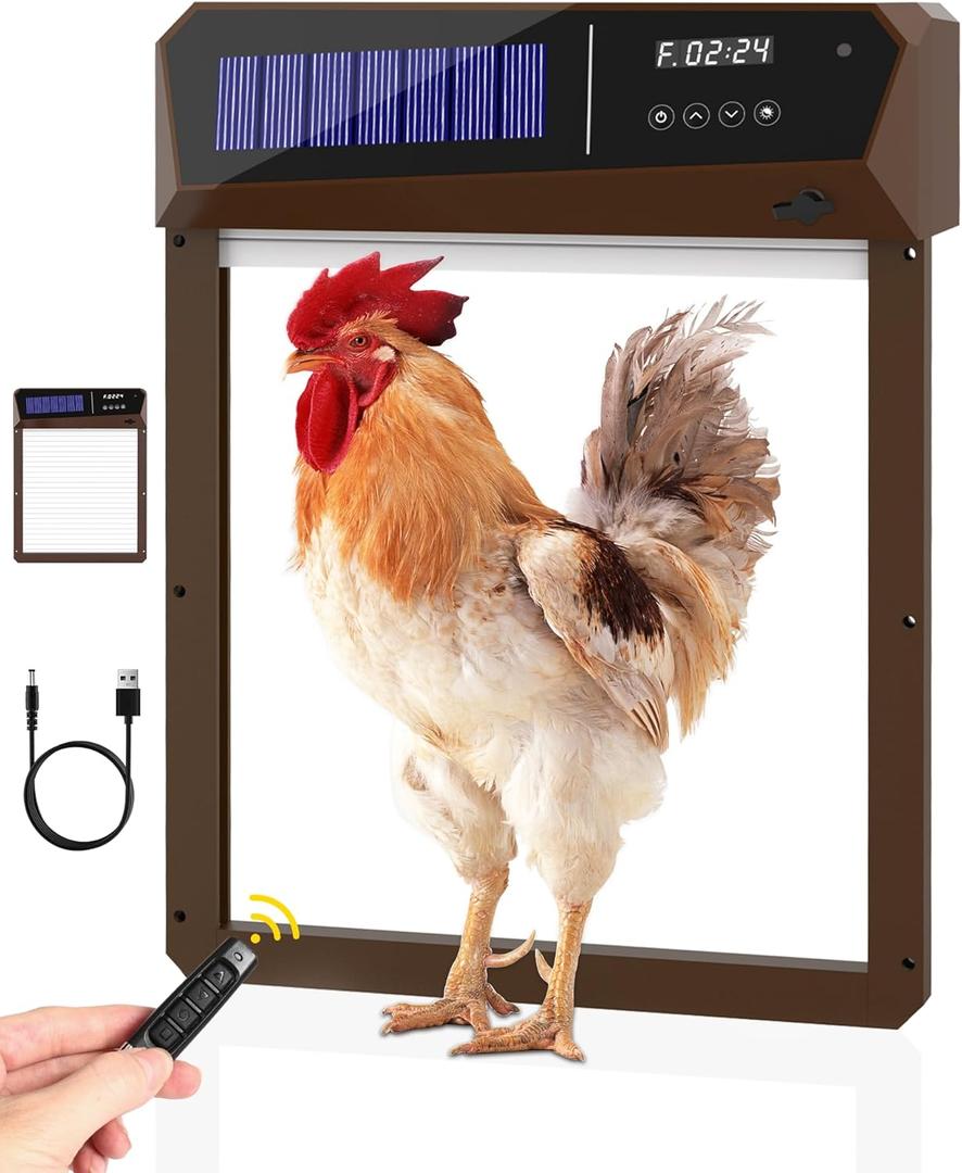 Automatic Chicken Coop Door, 5000mAh Battery Solar Chicken Coop Door, 5 Modes Programmable Chicken Door with LCD Display/Light Sensor/Remote Control/Timer, Aluminum Anti-Pinch and Weatherproof, Brown